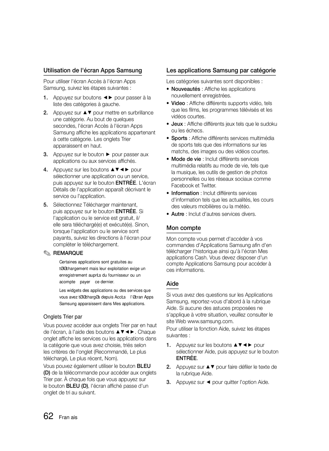 Samsung BD-D6500/XE manual Utilisation de lécran Apps Samsung, Les applications Samsung par catégorie, Mon compte, Aide 