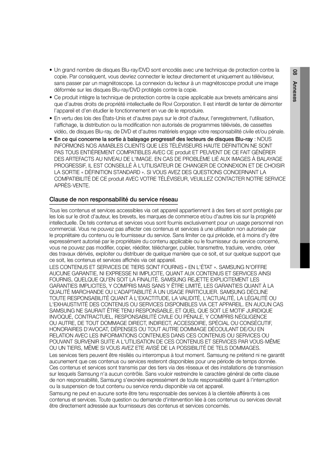 Samsung BD-D6500/XN, BD-D6500/ZA, BD-D6500/EN, BD-D6500/ZF, BD-D6500/XE manual Clause de non responsabilité du service réseau 