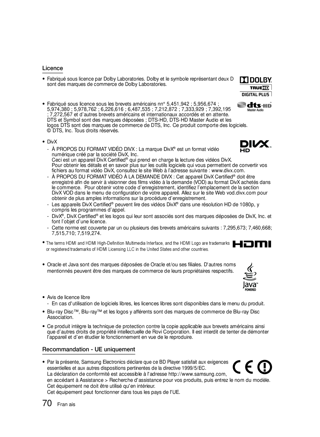 Samsung BD-D6500/EN, BD-D6500/ZA, BD-D6500/XN, BD-D6500/ZF, BD-D6500/XE manual Licence, Recommandation UE uniquement 