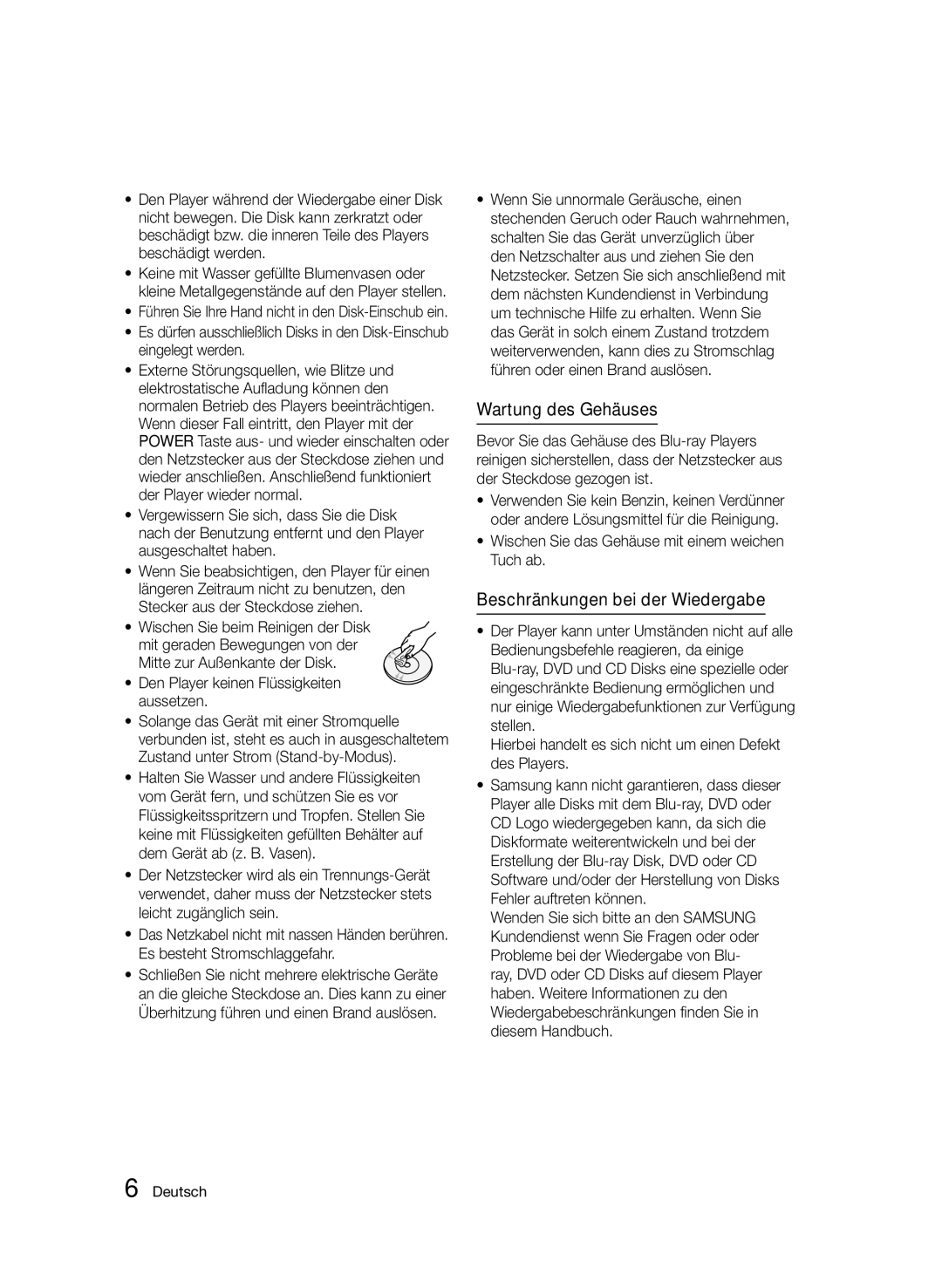 Samsung BD-D6500/XN, BD-D6500/ZA, BD-D6500/EN, BD-D6500/ZF manual Wartung des Gehäuses, Beschränkungen bei der Wiedergabe 