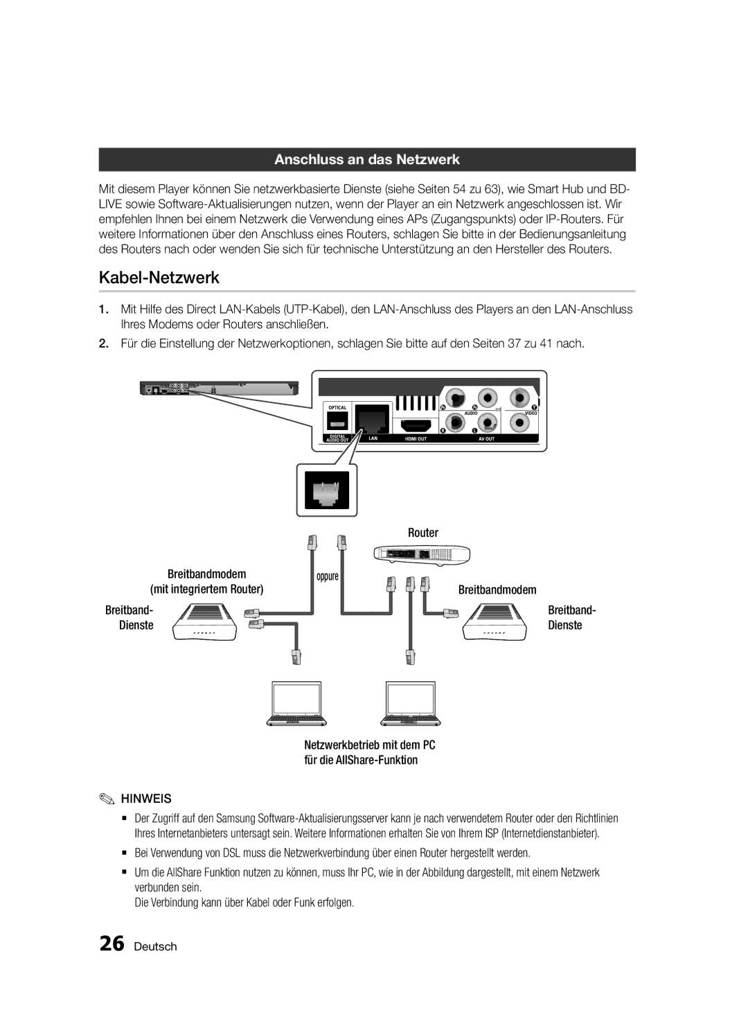 Samsung BD-D6500/XN, BD-D6500/ZA, BD-D6500/EN, BD-D6500/ZF, BD-D6500/XE manual Kabel-Netzwerk, Anschluss an das Netzwerk 
