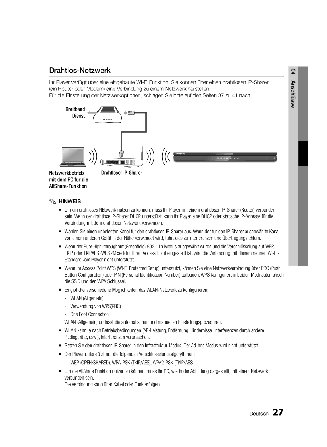 Samsung BD-D6500/EN, BD-D6500/ZA, BD-D6500/XN, BD-D6500/ZF, BD-D6500/XE manual Drahtlos-Netzwerk 