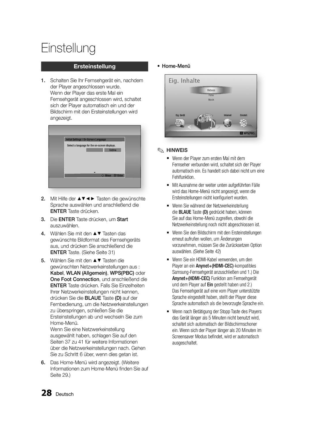 Samsung BD-D6500/ZF, BD-D6500/ZA, BD-D6500/XN, BD-D6500/EN, BD-D6500/XE manual Einstellung, Ersteinstellung 