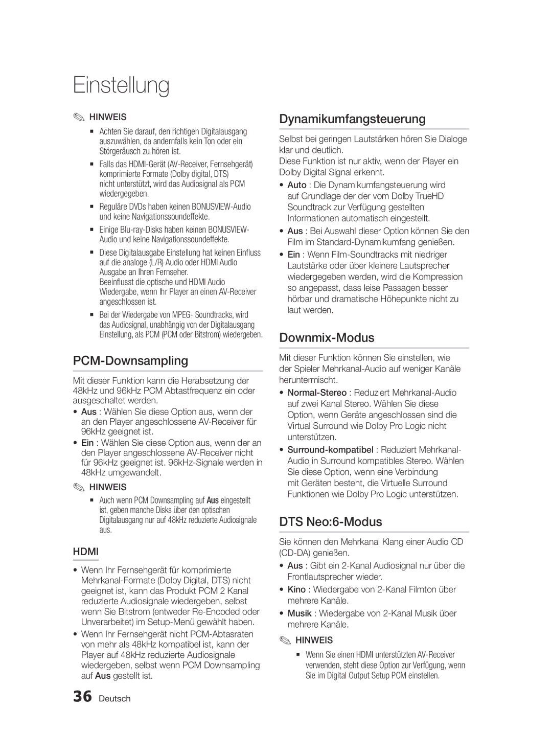 Samsung BD-D6500/XN, BD-D6500/ZA, BD-D6500/EN manual PCM-Downsampling, Dynamikumfangsteuerung, Downmix-Modus, DTS Neo6-Modus 