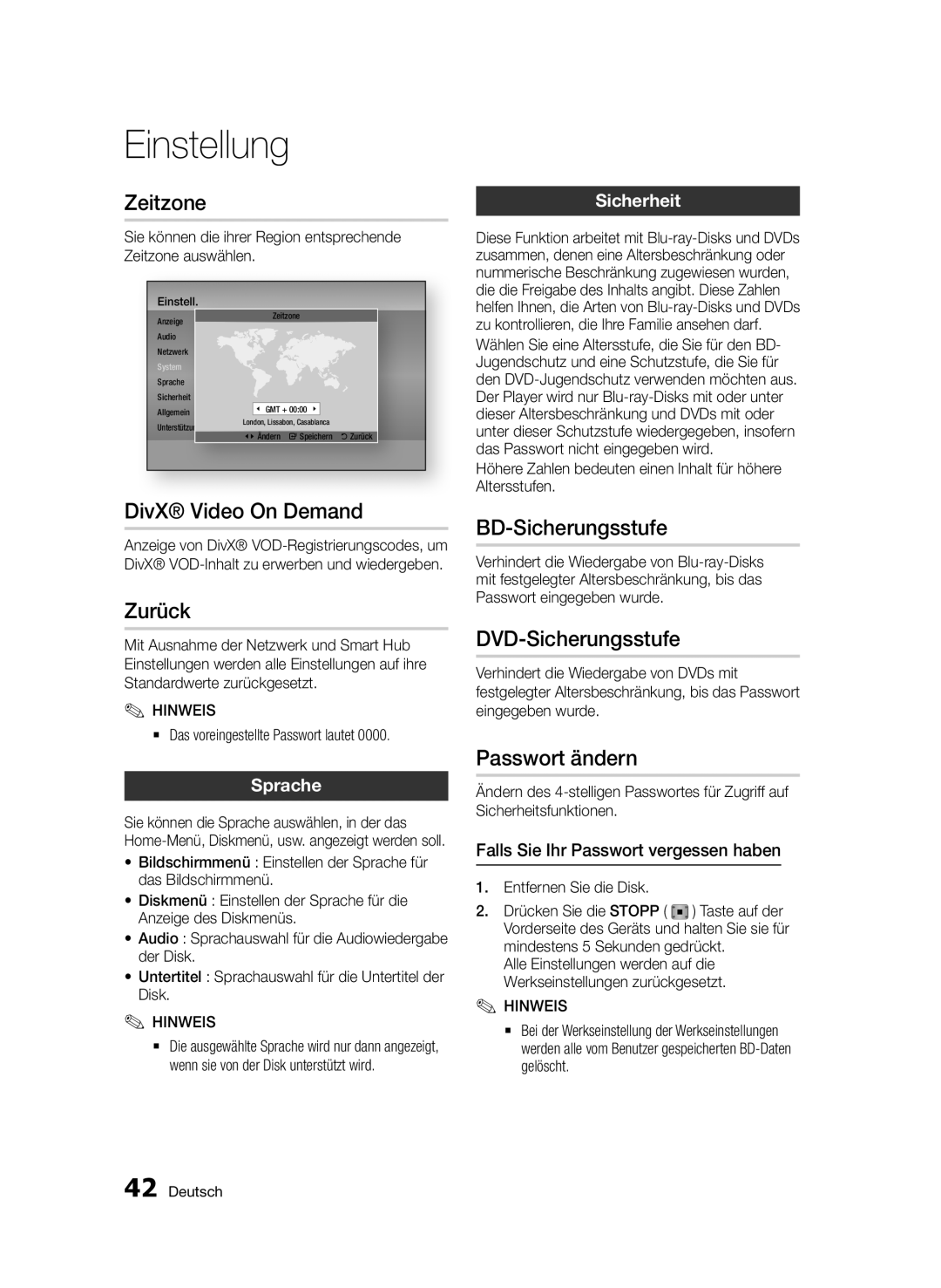 Samsung BD-D6500/EN, BD-D6500/ZA, BD-D6500/XN Zeitzone, Zurück, BD-Sicherungsstufe, DVD-Sicherungsstufe, Passwort ändern 