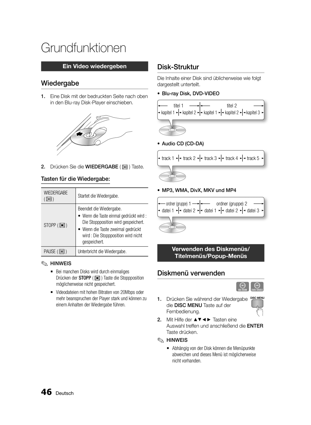 Samsung BD-D6500/XN, BD-D6500/ZA, BD-D6500/EN, BD-D6500/ZF Grundfunktionen, Wiedergabe, Disk-Struktur, Diskmenü verwenden 