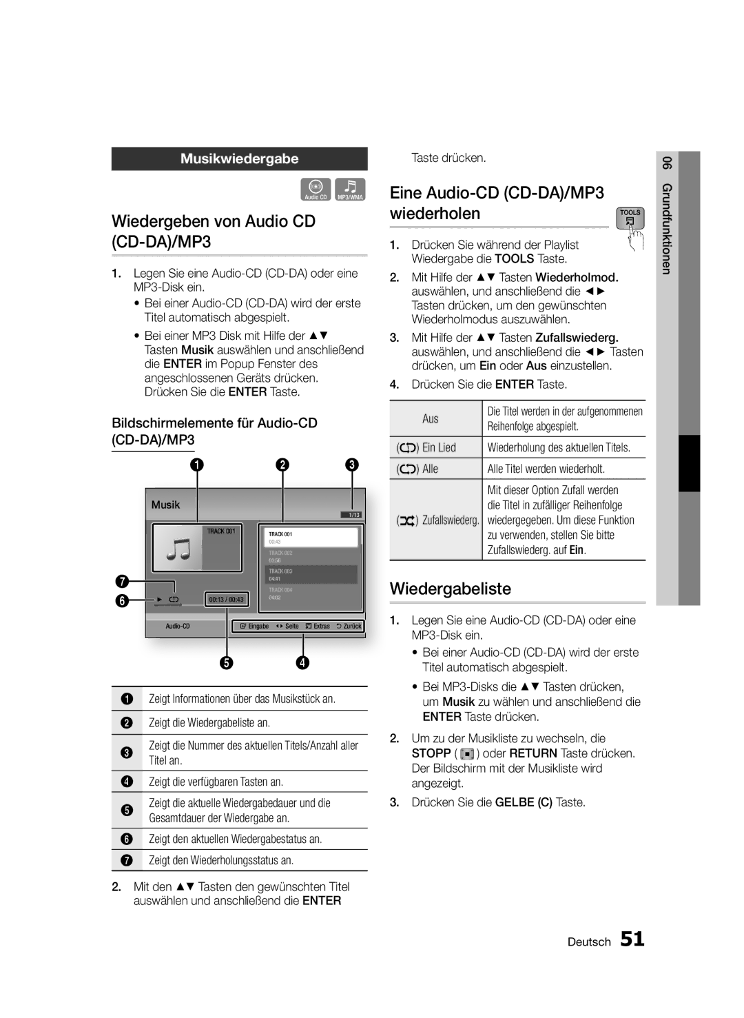 Samsung BD-D6500/XN, BD-D6500/ZA Wiedergeben von Audio CD CD-DA/MP3, Eine Audio-CD CD-DA/MP3 wiederholen, Wiedergabeliste 