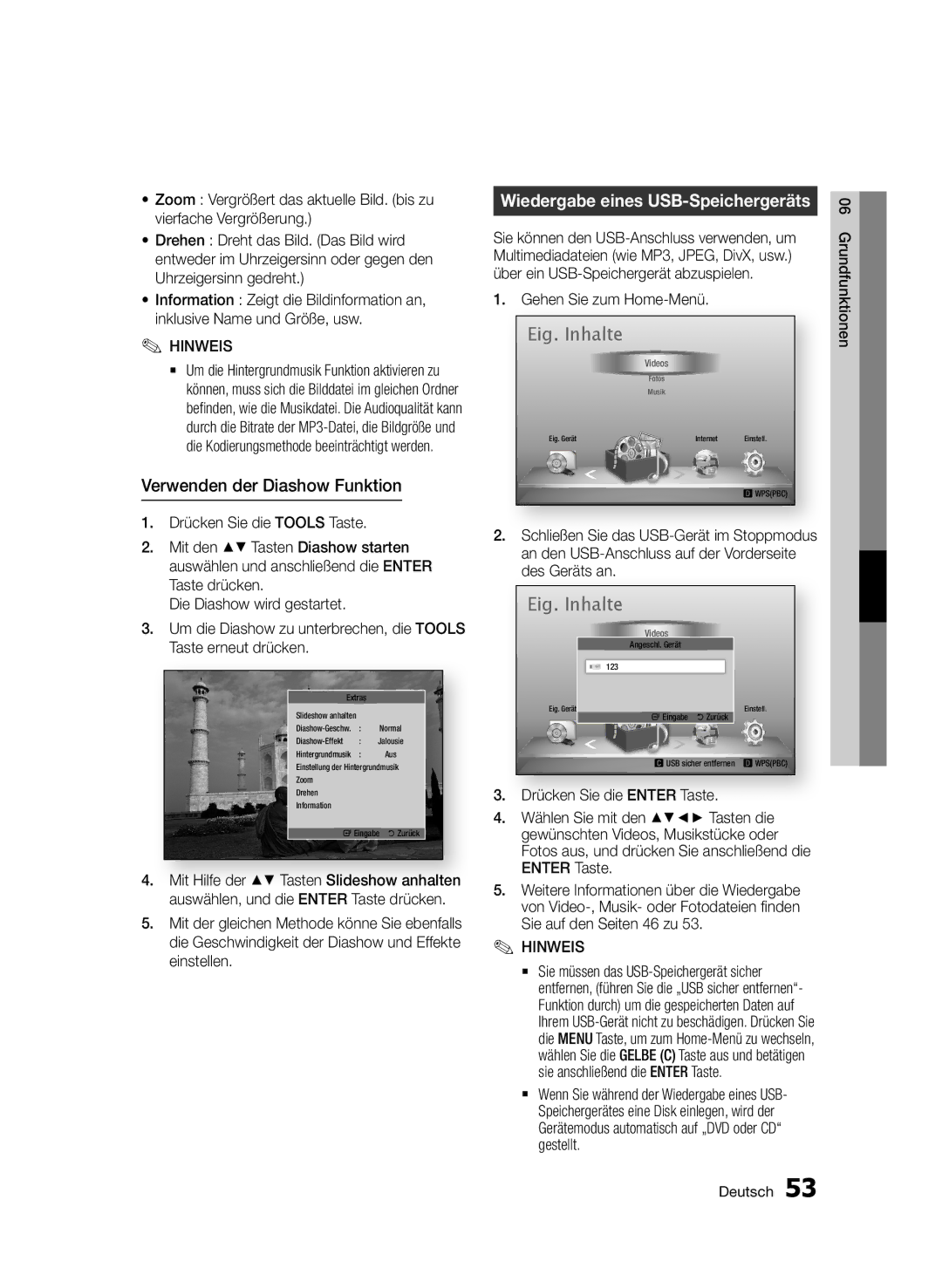 Samsung BD-D6500/ZF, BD-D6500/ZA, BD-D6500/XN manual Verwenden der Diashow Funktion, Wiedergabe eines USB-Speichergeräts 