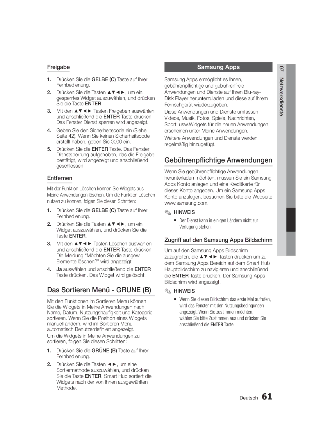 Samsung BD-D6500/XN, BD-D6500/ZA manual Das Sortieren Menü Grune B, Gebührenpflichtige Anwendungen, Freigabe, Entfernen 