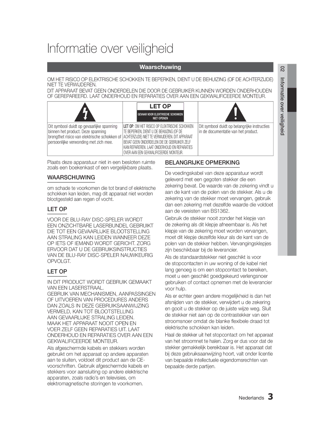 Samsung BD-D6500/XN, BD-D6500/ZA, BD-D6500/EN, BD-D6500/ZF, BD-D6500/XE manual Informatie over veiligheid, Waarschuwing 