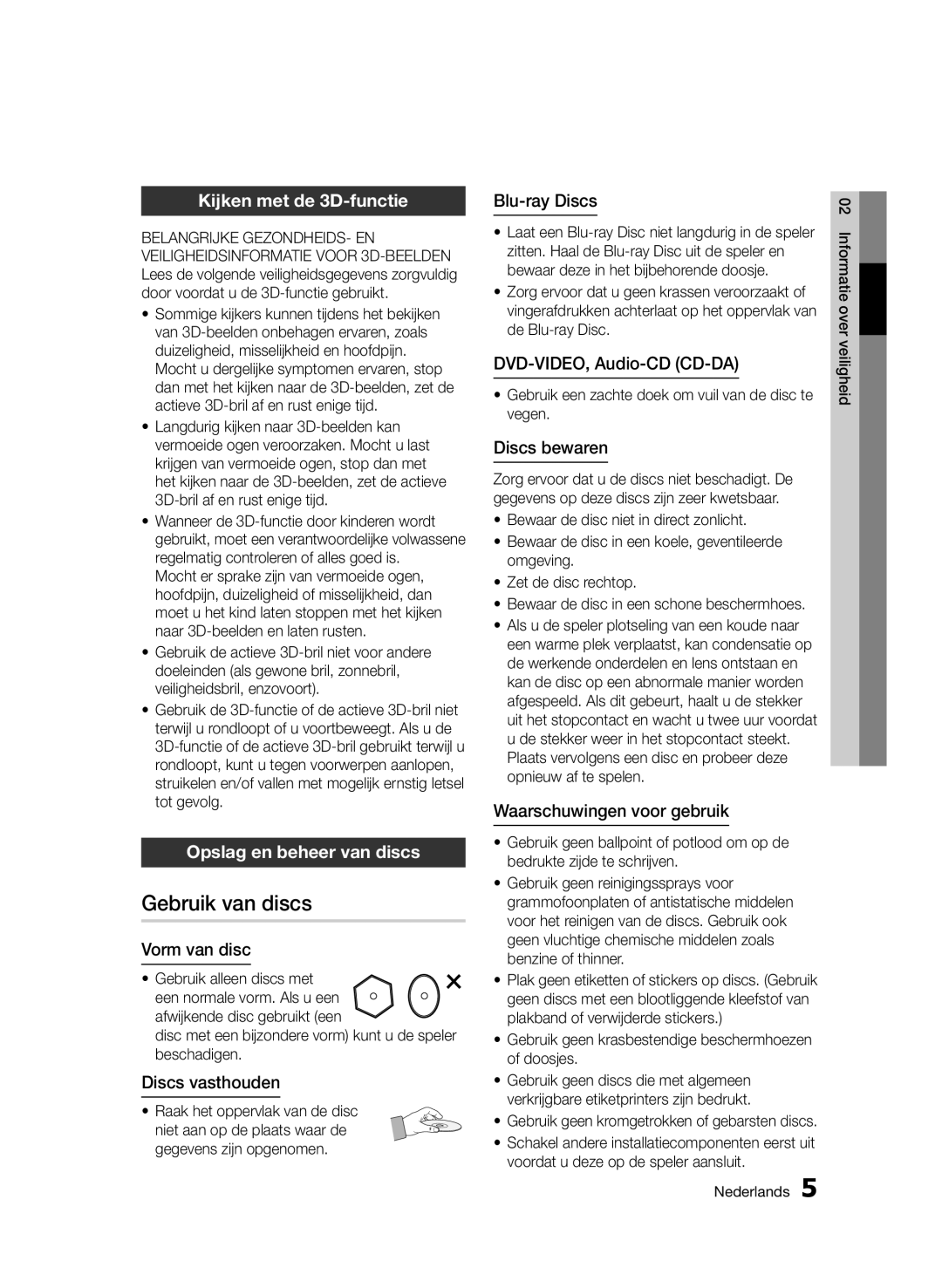 Samsung BD-D6500/ZF, BD-D6500/ZA, BD-D6500/XN manual Gebruik van discs, Kijken met de 3D-functie, Opslag en beheer van discs 