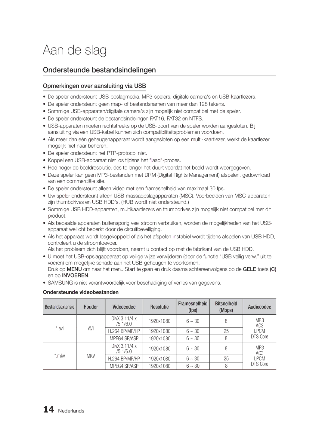 Samsung BD-D6500/EN Ondersteunde bestandsindelingen, Opmerkingen over aansluiting via USB, Ondersteunde videobestanden 