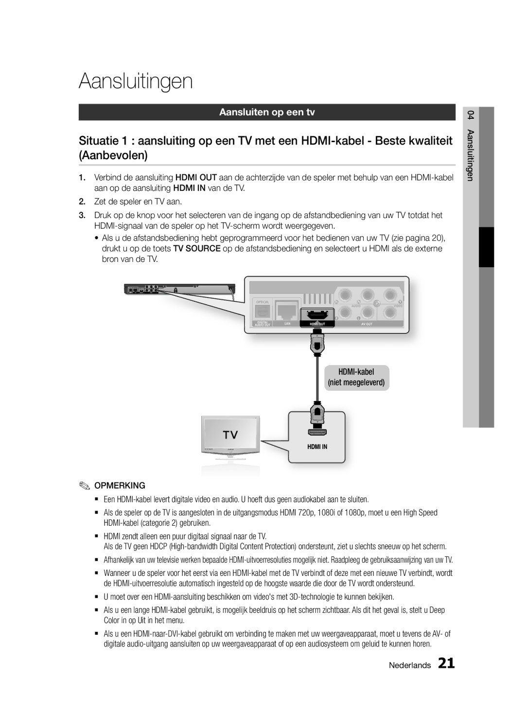 Samsung BD-D6500/XE, BD-D6500/ZA, BD-D6500/XN, BD-D6500/EN, BD-D6500/ZF Aansluiten op een tv, Aansluitingen Nederlands 