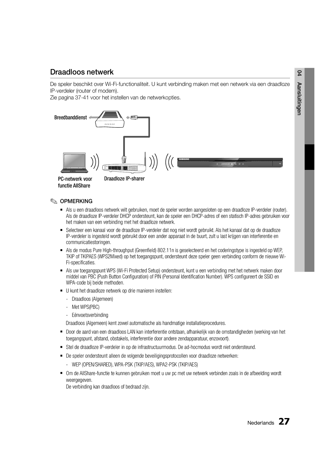 Samsung BD-D6500/ZA, BD-D6500/XN, BD-D6500/EN, BD-D6500/ZF, BD-D6500/XE manual Draadloos netwerk 