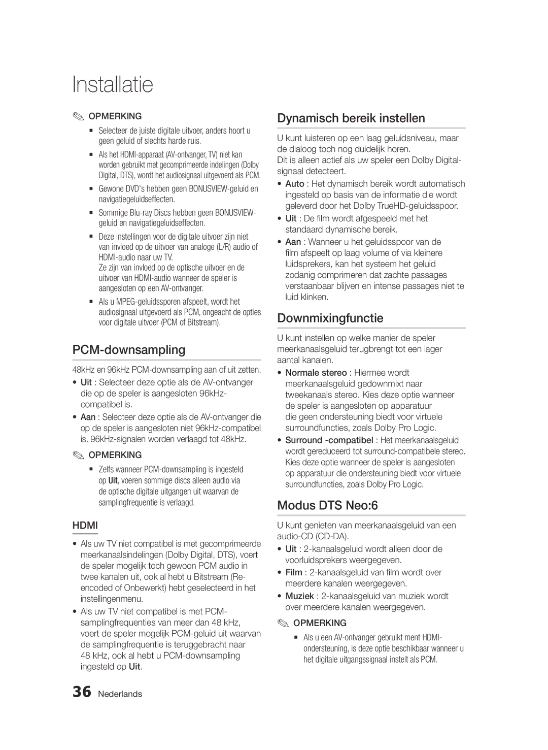 Samsung BD-D6500/XE, BD-D6500/ZA, BD-D6500/XN, BD-D6500/EN Dynamisch bereik instellen, Downmixingfunctie, Modus DTS Neo6 