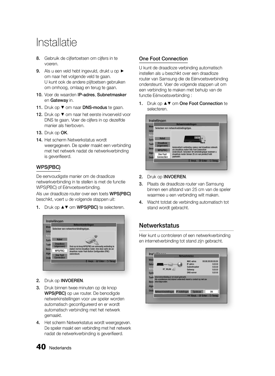 Samsung BD-D6500/ZF manual Netwerkstatus, Gebruik de cijfertoetsen om cijfers in te voeren, Druk op om Wpspbc te selecteren 