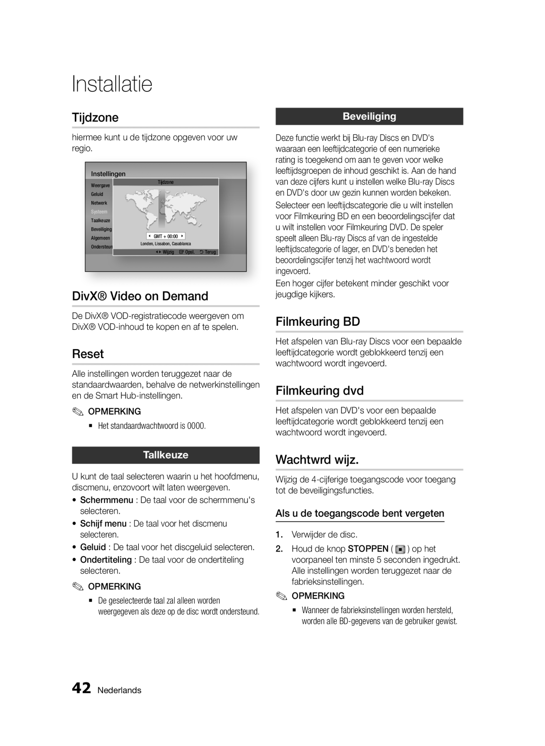 Samsung BD-D6500/ZA, BD-D6500/XN, BD-D6500/EN, BD-D6500/ZF manual Tijdzone, Filmkeuring BD, Filmkeuring dvd, Wachtwrd wijz 