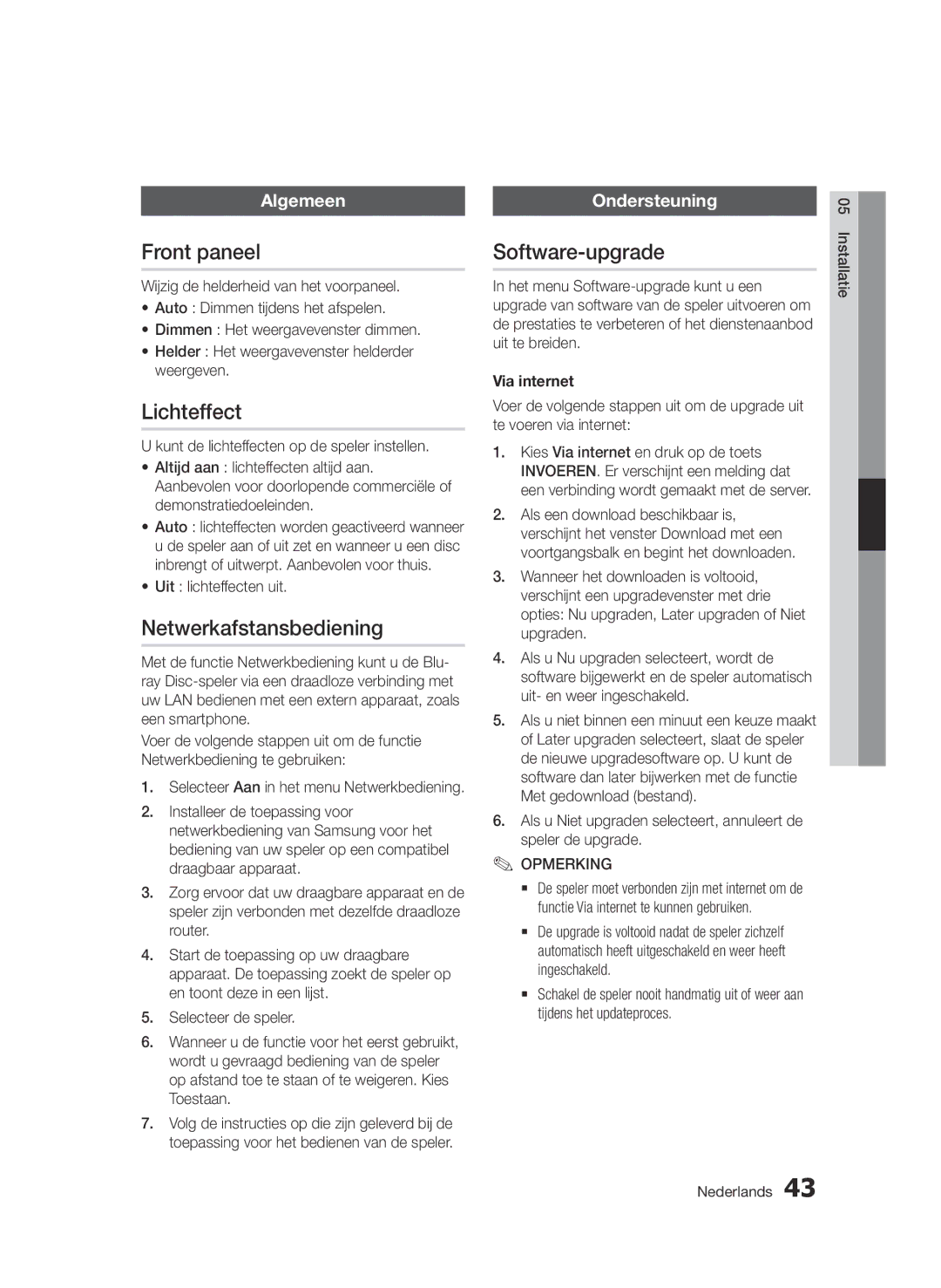 Samsung BD-D6500/XN, BD-D6500/ZA, BD-D6500/EN manual Front paneel, Lichteffect, Netwerkafstansbediening, Software-upgrade 