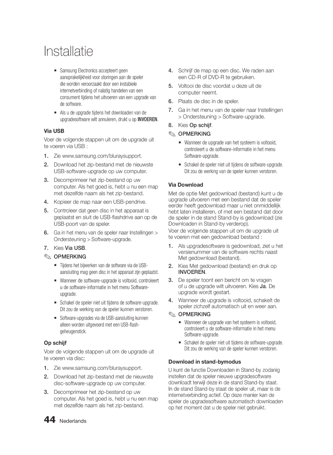 Samsung BD-D6500/EN, BD-D6500/ZA, BD-D6500/XN, BD-D6500/ZF, BD-D6500/XE manual Via USB, Op schijf, Download in stand-bymodus 
