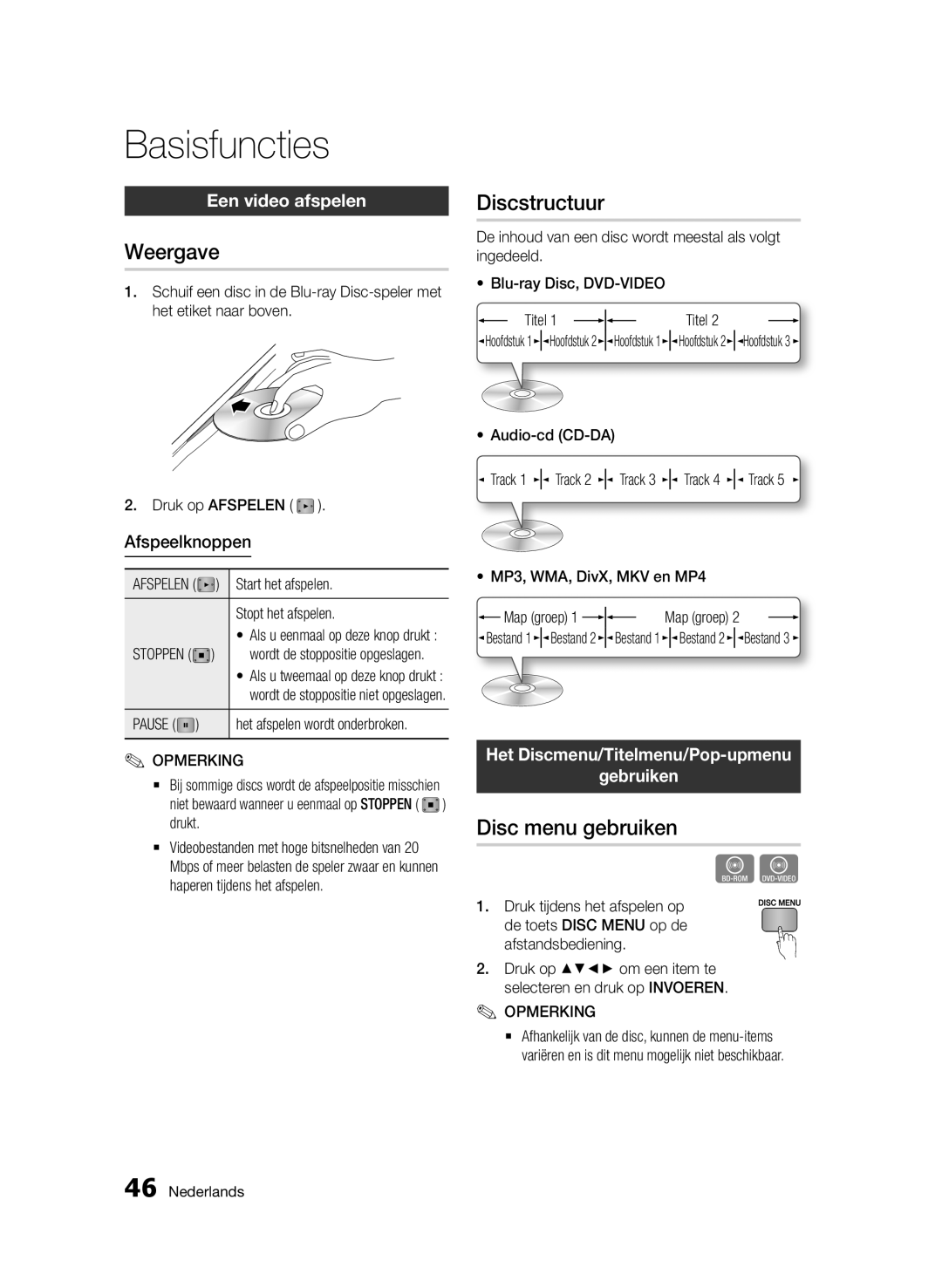 Samsung BD-D6500/XE, BD-D6500/ZA, BD-D6500/XN, BD-D6500/EN manual Basisfuncties, Weergave, Discstructuur, Disc menu gebruiken 