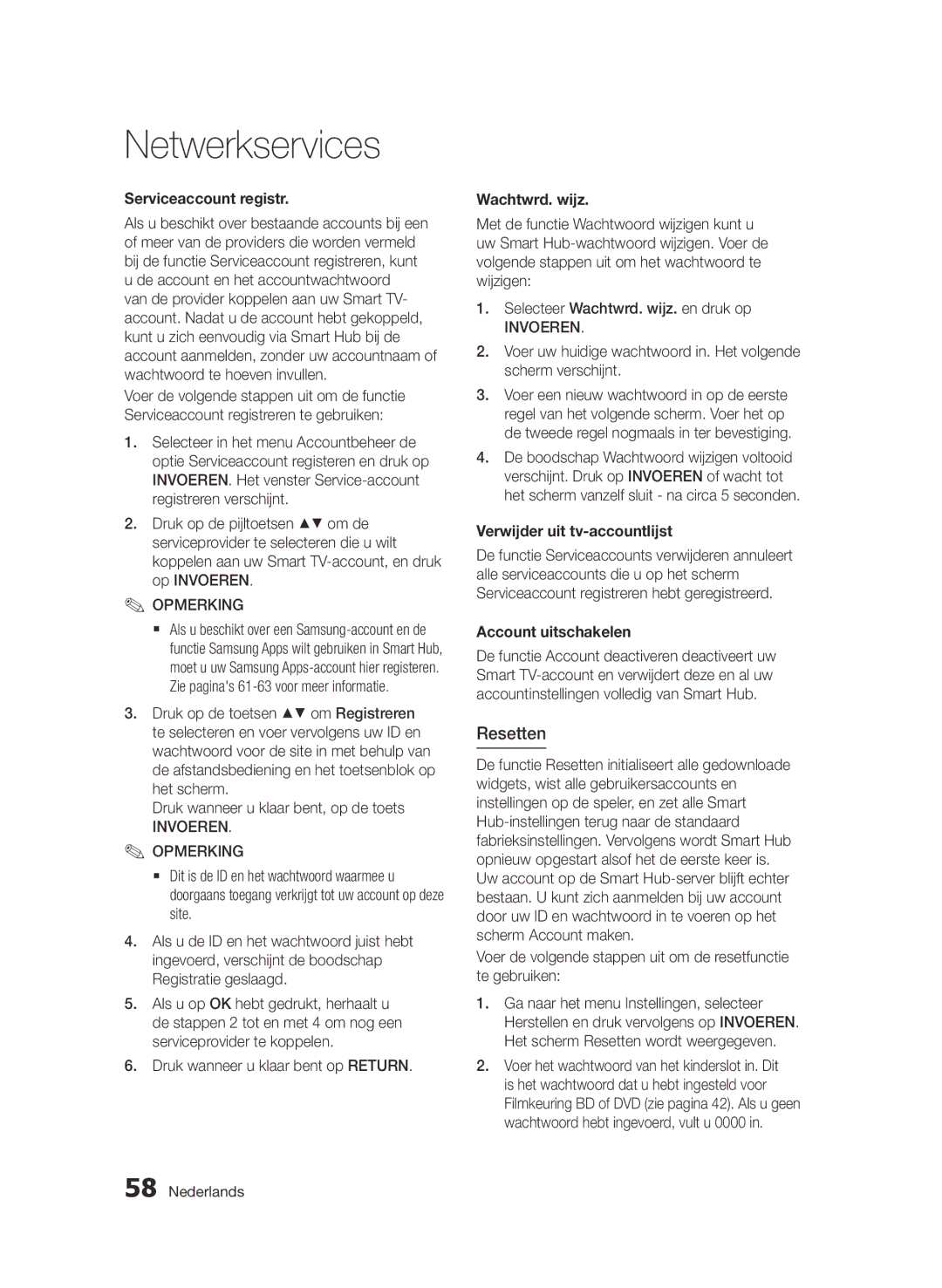 Samsung BD-D6500/XN Resetten, Serviceaccount registr, Wachtwrd. wijz, Verwijder uit tv-accountlijst, Account uitschakelen 