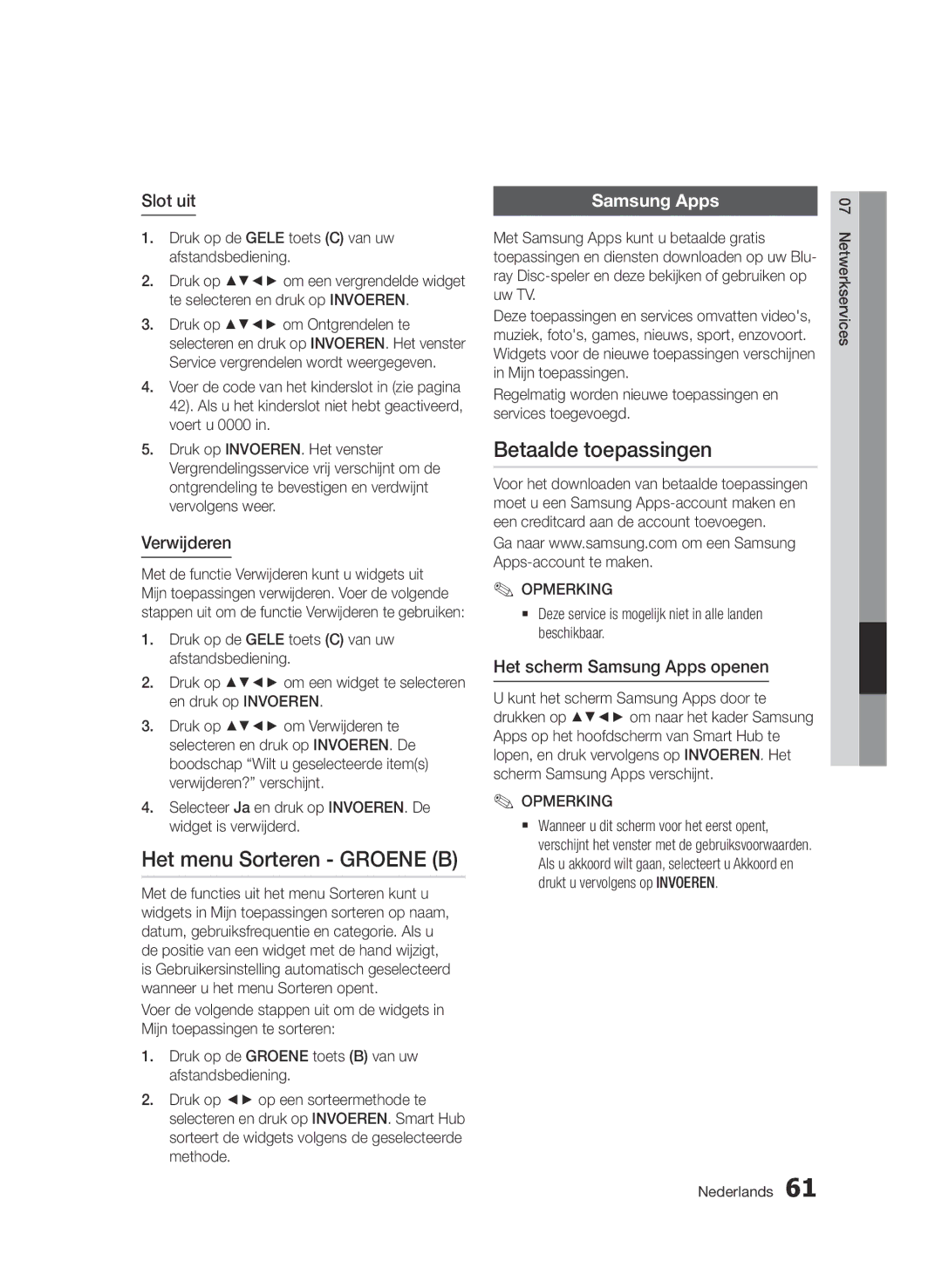 Samsung BD-D6500/XE, BD-D6500/ZA, BD-D6500/XN manual Het menu Sorteren Groene B, Betaalde toepassingen, Slot uit, Verwijderen 