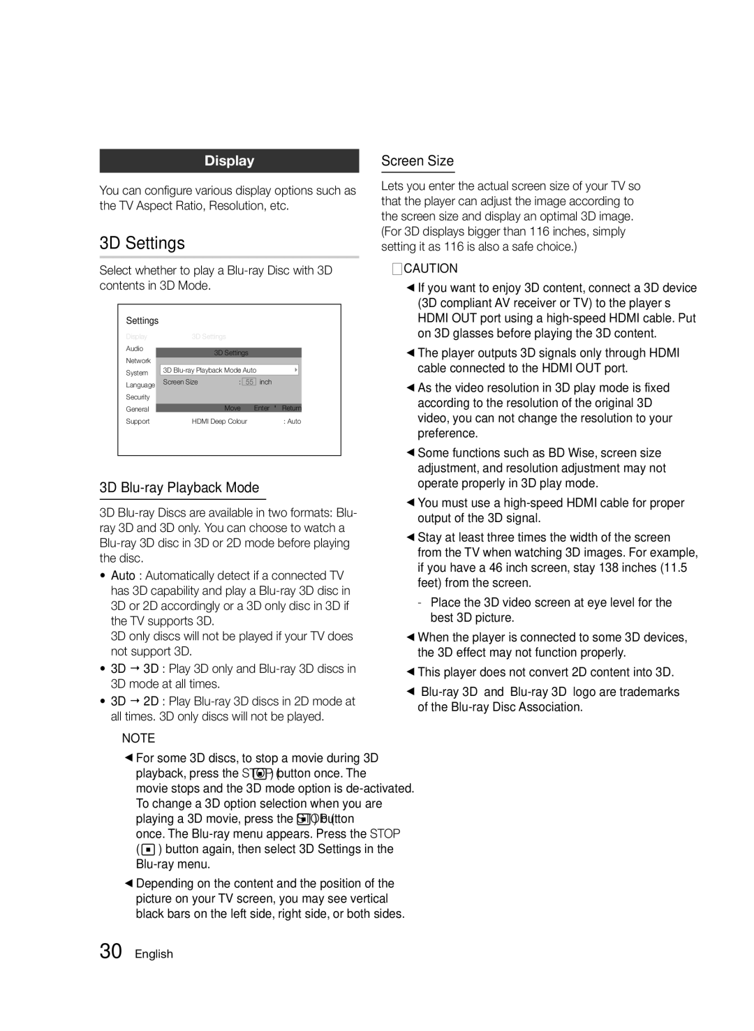 Samsung BD-D6500/ZA, BD-D6500/XN, BD-D6500/EN, BD-D6500/ZF manual 3D Settings, Display, 3D Blu-ray Playback Mode, Screen Size 