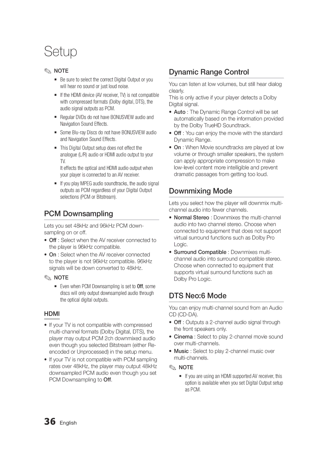 Samsung BD-D6500/XN, BD-D6500/ZA, BD-D6500/EN manual PCM Downsampling, Dynamic Range Control, Downmixing Mode, DTS Neo6 Mode 