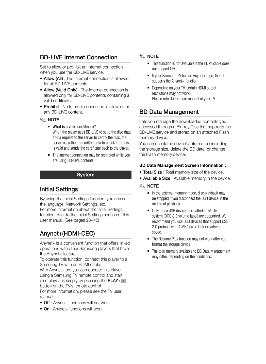 Samsung BD-D6500/XN manual BD-LIVE Internet Connection, Initial Settings, Anynet+HDMI-CEC, BD Data Management, System 