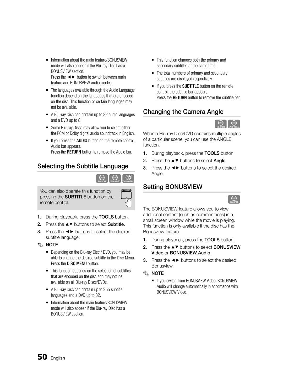 Samsung BD-D6500/ZA, BD-D6500/XN, BD-D6500/EN Selecting the Subtitle Language, Changing the Camera Angle, Setting Bonusview 