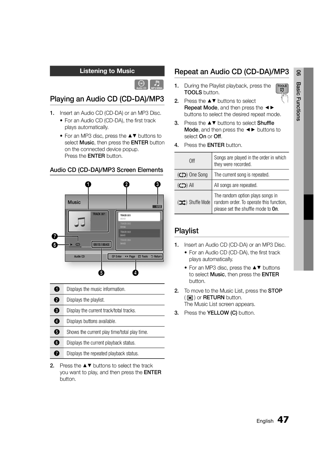 Samsung BD-D6500/XN, BD-D6500/ZA Playing an Audio CD CD-DA/MP3, Repeat an Audio CD CD-DA/MP3, Playlist, Listening to Music 