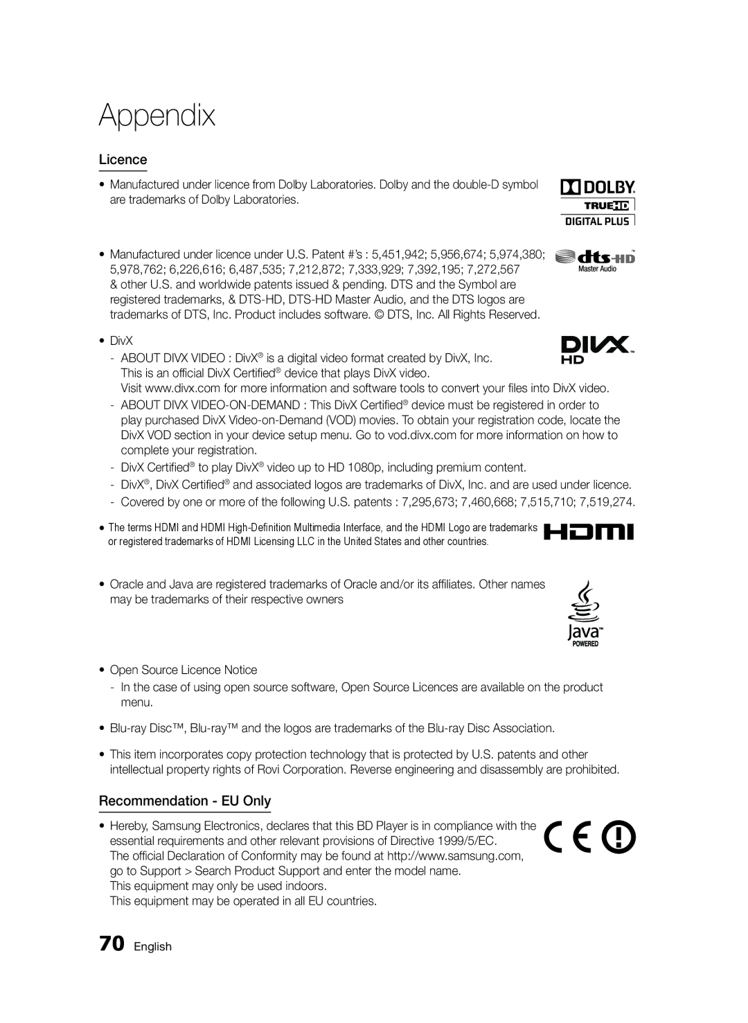 Samsung BD-D6500/ZA, BD-D6500/XN, BD-D6500/EN, BD-D6500/ZF, BD-D6500/XE manual Licence, Recommendation EU Only 