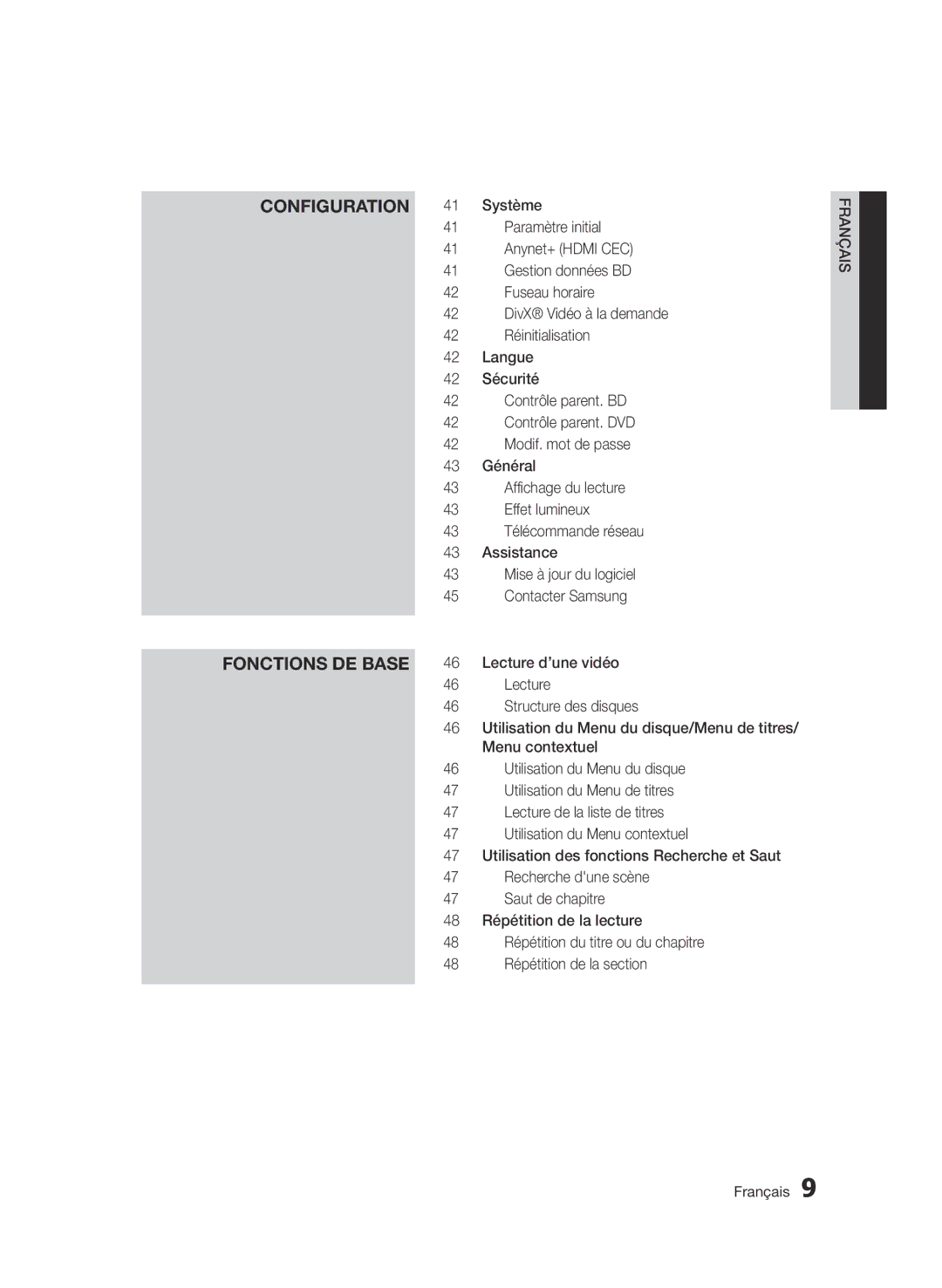 Samsung BD-D6500/XN, BD-D6500/ZA, BD-D6500/EN, BD-D6500/ZF, BD-D6500/XE manual Configuration Fonctions de base 