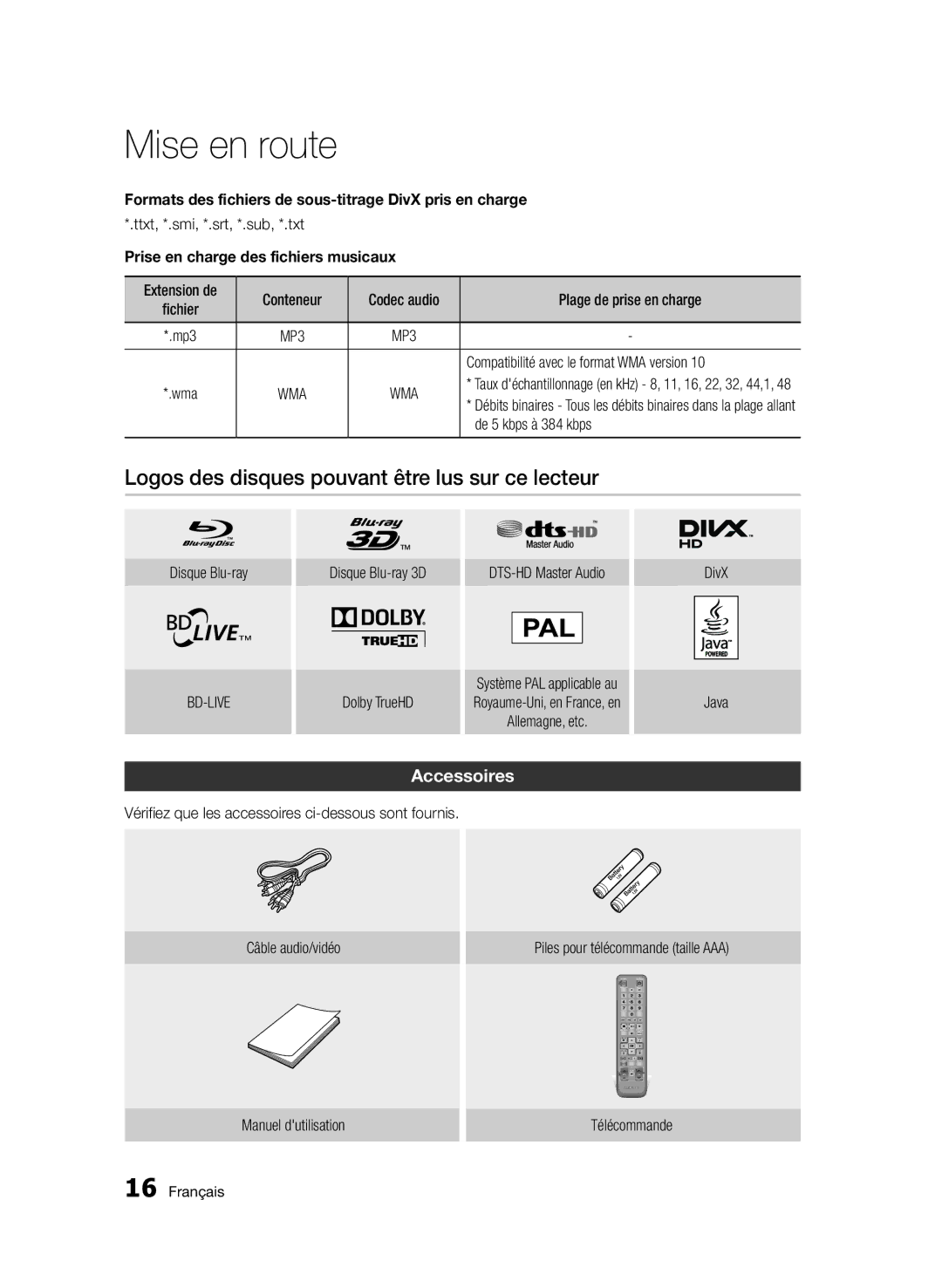 Samsung BD-D6500/ZF Logos des disques pouvant être lus sur ce lecteur, Accessoires, Prise en charge des fichiers musicaux 