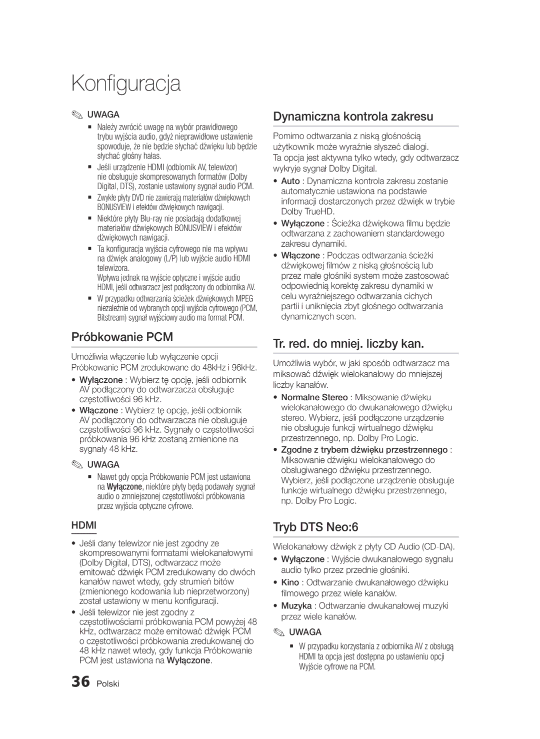 Samsung BD-D6500/XE manual Próbkowanie PCM, Dynamiczna kontrola zakresu, Tr. red. do mniej. liczby kan, Tryb DTS Neo6 