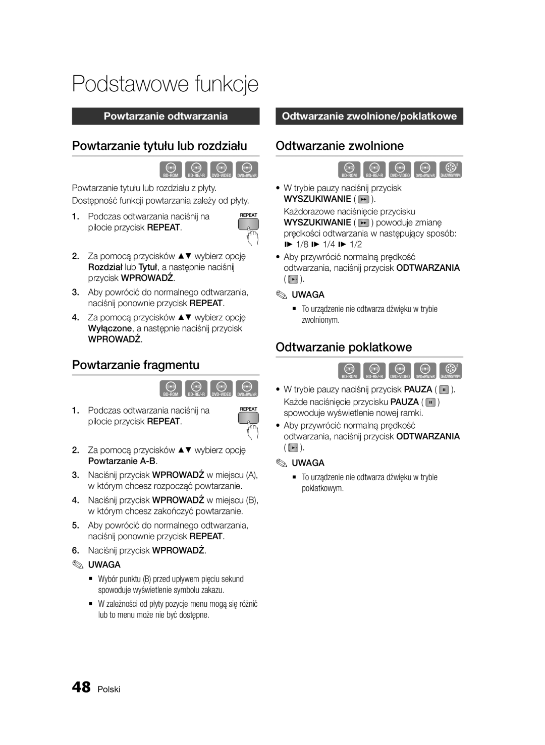 Samsung BD-D6500/XN Powtarzanie tytułu lub rozdziału, Powtarzanie fragmentu, Odtwarzanie zwolnione, Odtwarzanie poklatkowe 