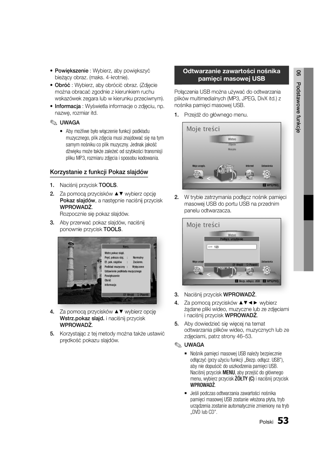 Samsung BD-D6500/XN, BD-D6500/ZA Korzystanie z funkcji Pokaz slajdów, Odtwarzanie zawartości nośnika Pamięci masowej USB 