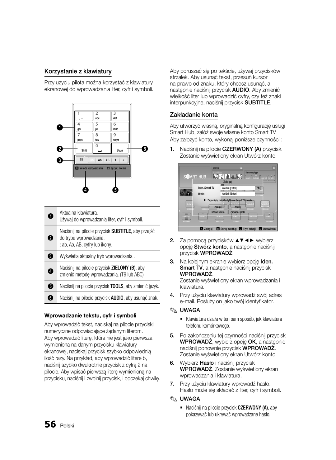 Samsung BD-D6500/XE, BD-D6500/ZA, BD-D6500/XN, BD-D6500/EN, BD-D6500/ZF manual Korzystanie z klawiatury, Zakładanie konta 