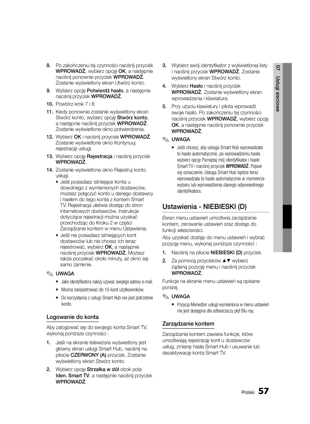 Samsung BD-D6500/ZA, BD-D6500/XN manual Ustawienia Niebieski D, Logowanie do konta, Zarządzanie kontem, Wprowadź Uwaga 