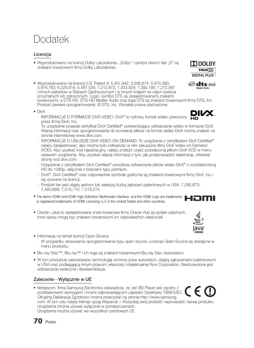 Samsung BD-D6500/ZF, BD-D6500/ZA, BD-D6500/XN, BD-D6500/EN, BD-D6500/XE manual Licencja, Zalecenie Wyłącznie w UE 