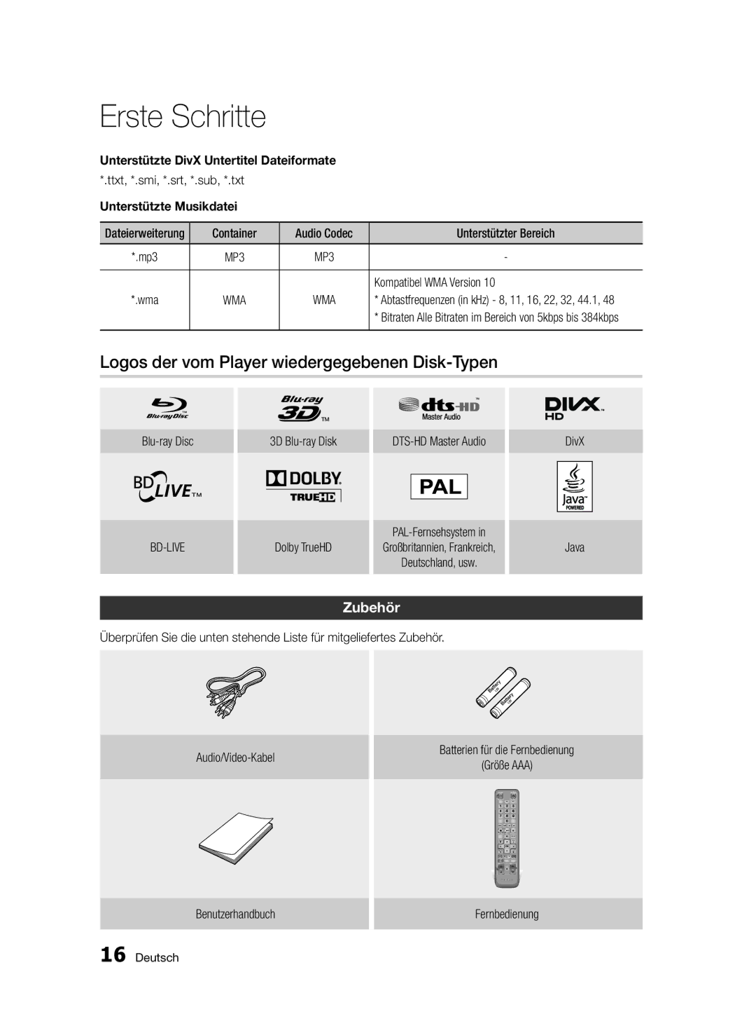 Samsung BD-D6500/XN Logos der vom Player wiedergegebenen Disk-Typen, Zubehör, Unterstützte DivX Untertitel Dateiformate 