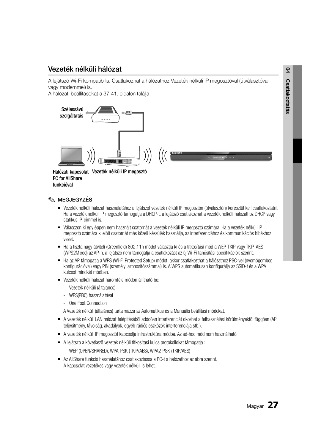 Samsung BD-D6500/EN, BD-D6500/ZA, BD-D6500/XN Vezeték nélküli hálózat, WEP OPEN/SHARED, WPA-PSK TKIP/AES, WPA2-PSK TKIP/AES 