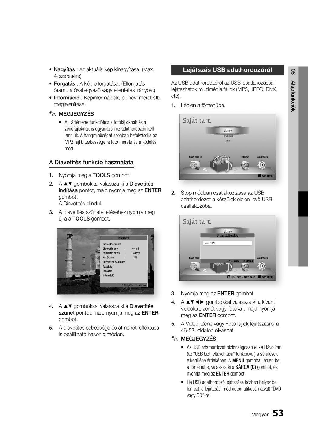 Samsung BD-D6500/ZF, BD-D6500/ZA, BD-D6500/XN, BD-D6500/EN manual Diavetítés funkció használata, Lejátszás USB adathordozóról 