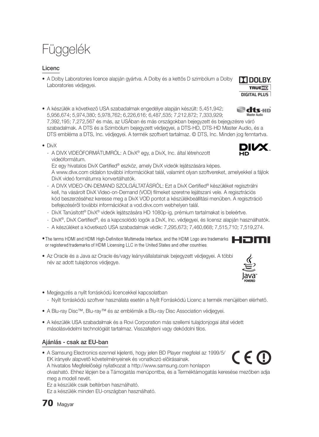 Samsung BD-D6500/ZA, BD-D6500/XN, BD-D6500/EN, BD-D6500/ZF, BD-D6500/XE manual Licenc, Ajánlás csak az EU-ban 