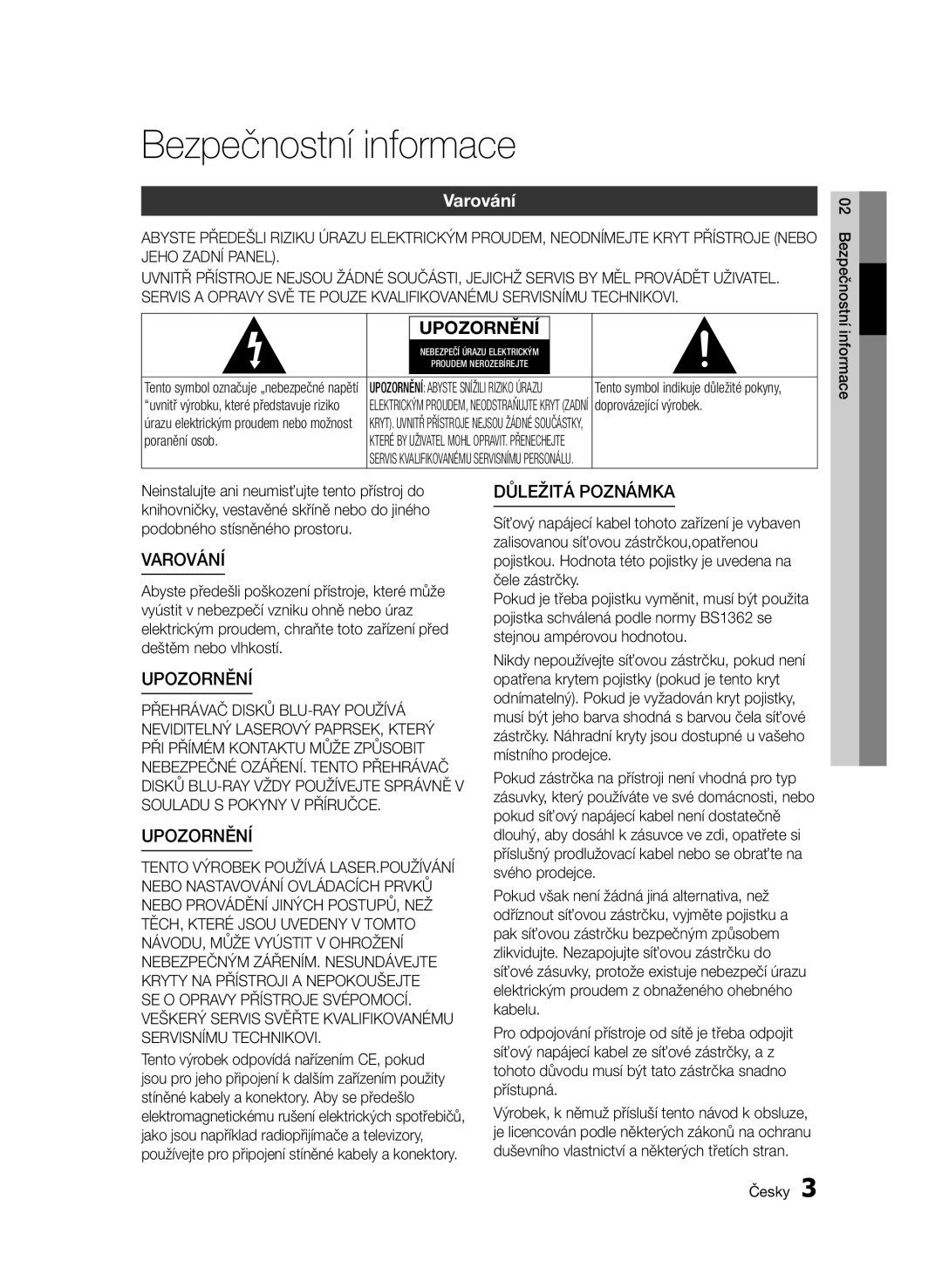 Samsung BD-D6500/ZA, BD-D6500/XN, BD-D6500/EN manual Bezpečnostní informace, Varování, Doprovázející výrobek, Poranění osob 