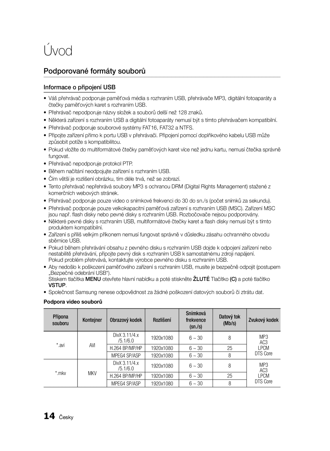 Samsung BD-D6500/XN manual Podporované formáty souborů, Informace o připojení USB, Vstup, Podpora video souborů, 14 Česky 