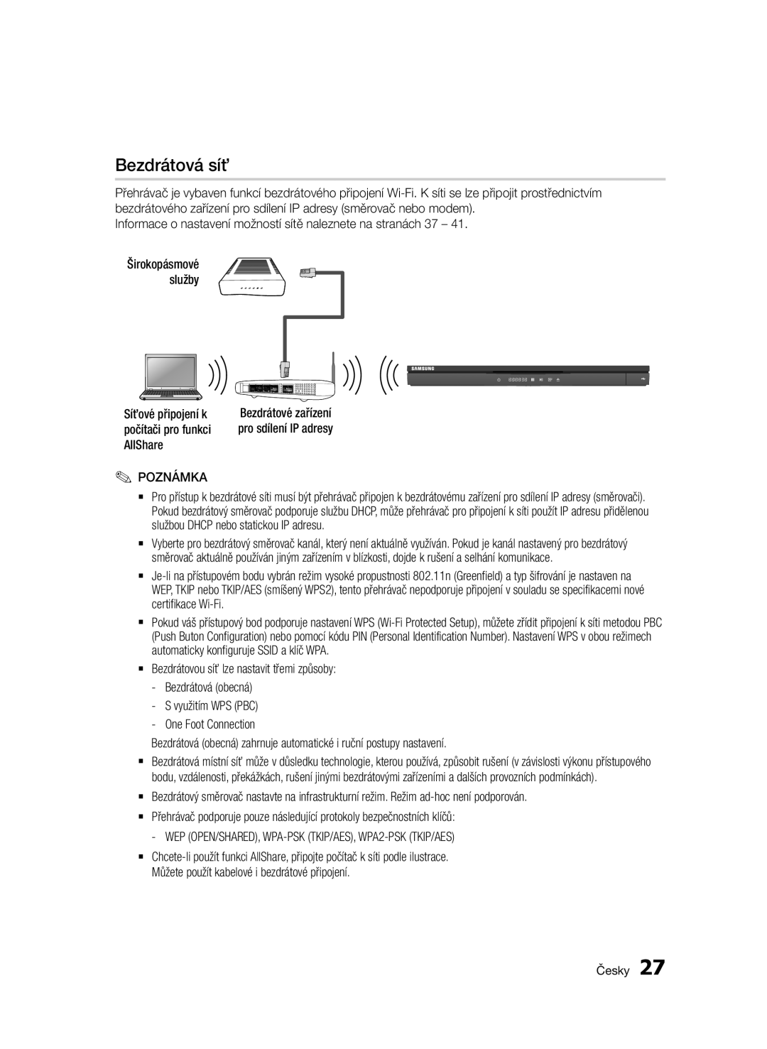 Samsung BD-D6500/XE, BD-D6500/ZA, BD-D6500/XN, BD-D6500/EN, BD-D6500/ZF manual Bezdrátová síť 