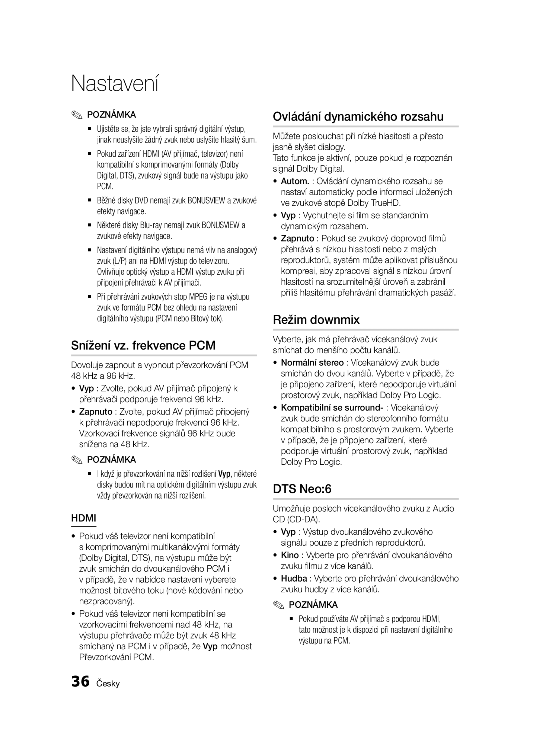 Samsung BD-D6500/ZF, BD-D6500/ZA manual Snížení vz. frekvence PCM, Ovládání dynamického rozsahu, Režim downmix, DTS Neo6 