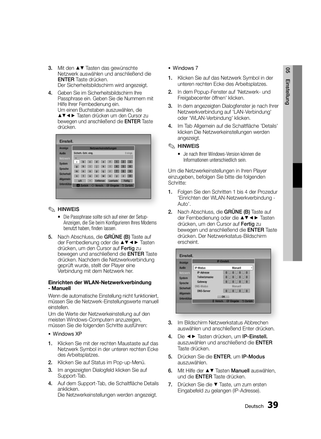 Samsung BD-D6500/XE, BD-D6500/ZA Der Sicherheitsbildschirm wird angezeigt, Einrichten der WLAN-Netzwerkverbindung Manuell 