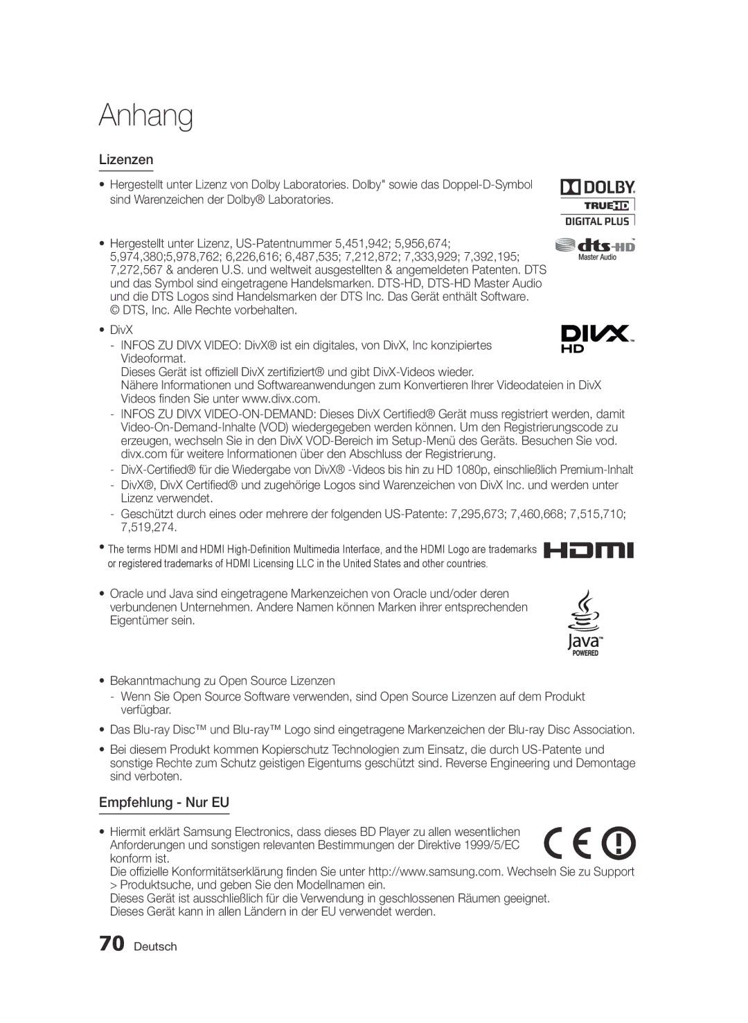 Samsung BD-D6500/ZA, BD-D6500/XN, BD-D6500/EN, BD-D6500/ZF, BD-D6500/XE manual Lizenzen, Empfehlung Nur EU 